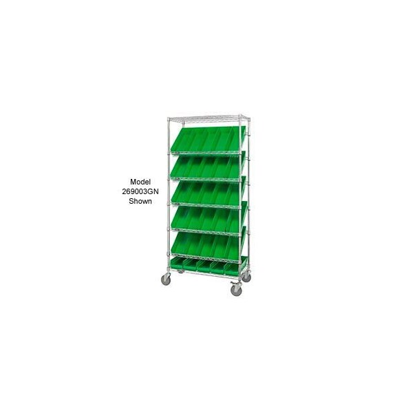 Global Industrial Easy Access Slant Shelf Chrome Wire Cart 24 4inH Shelf Bins Green 36Lx18Wx74H 269004GN - main